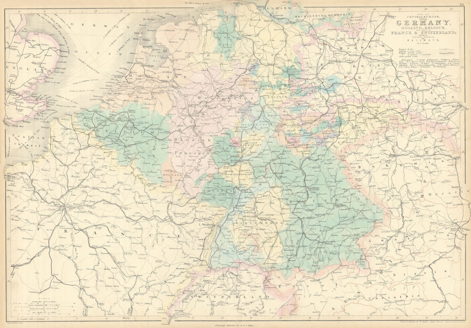 Central Europe roads canals railways Germany, Holland & Belgium. HUGHES 1854 map